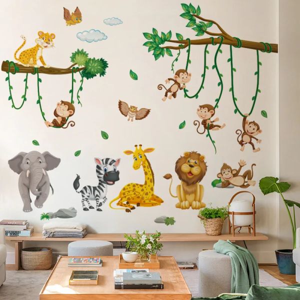 Adesivi Animali Safari Adesivi da parete per bambini Ragazzi Decorazione cameretta Giungla Elefante Giraffa Leone Scimmia Albero Carta da parati in vinile