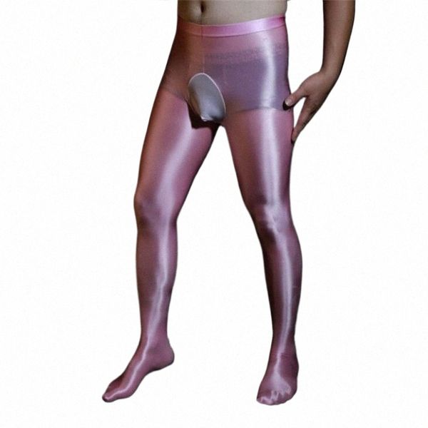 Pantaloni sexy oleosi Pantaloni aderenti per la pelle liscia da uomo Leggings in seta ad alta elasticità Calzini aderenti per divertimento Pantal Homme Rosa Nero r2oY #