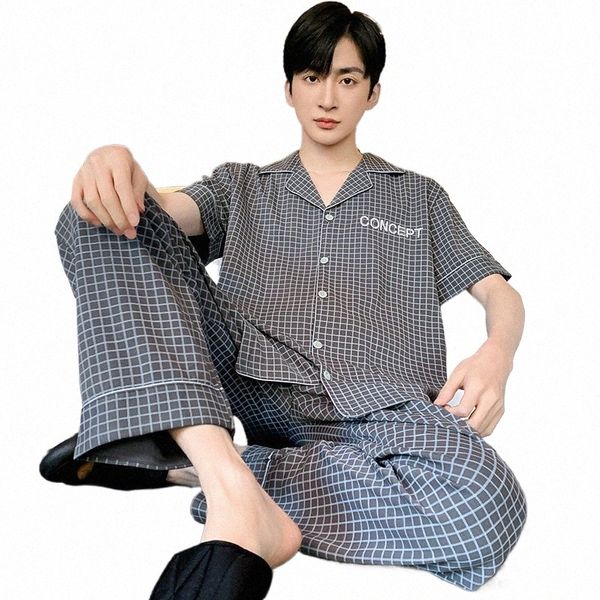 Pijamas de luxo masculinos de manga curta conjunto Fi Cott Cardigan pijamas para homens verão tamanho grande meninos loungewear pijamas X1j3 #