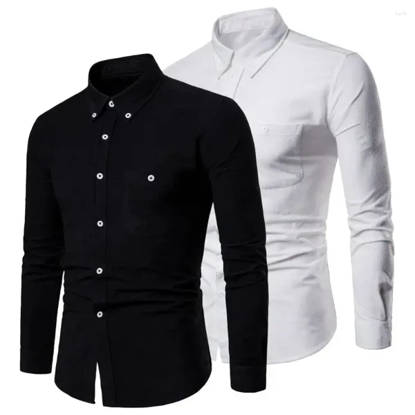 Camisas casuais masculinas homens camisa de negócios elegante primavera verão com colarinho turn-down slim fit design patch bolso longo para