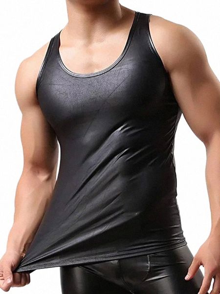 S-5XL Sleevel Canotta Ecopelle PU Uomo Bodybuilding Abbigliamento Muscolare Camicia Fitn Top Stretto Sexy Hot Shapers Canotta Corpo 58H8 #