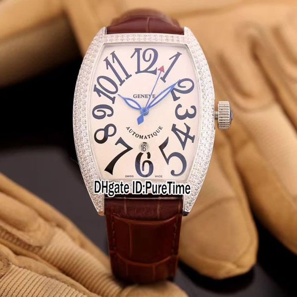 Version Casablanca 8880 C dt Diamond Lünette weißes Zifferblatt Automatisch Date Mens Watch Braune Lederband Sport Uhren Big Number225y