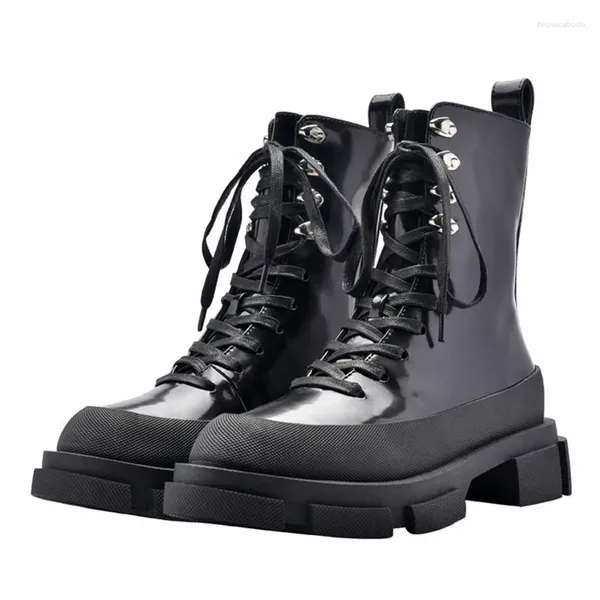 Stivali stile punk donna caviglia suola spessa piattaforma Creepers stringati autunno Botas Mujer scarpe di gomma da equitazione nere in pelle verniciata