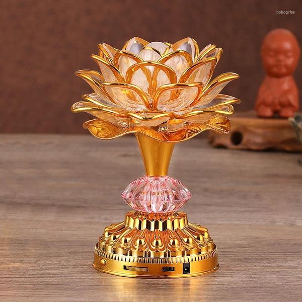 Figurine decorative Luci di fiori di loto Buddha Lampada luminosa LED Light Lightfuls Macchina di preghiera della Goddess Musica Buddista Tempio