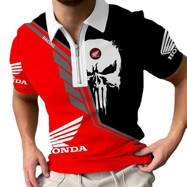 Nuova maglietta POLO con cerniera traspirante per il tempo libero sportivo da uomo con stampa digitale 3D Honda Skull Series