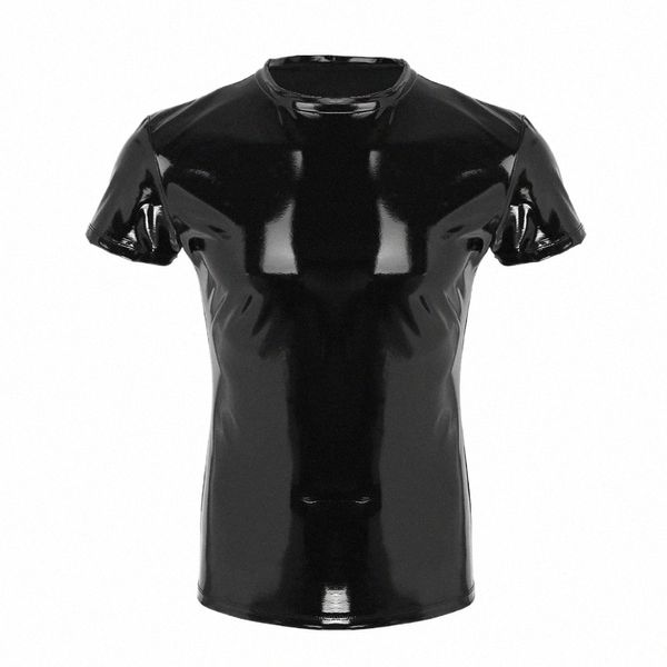 Iiniim Мужские топы Wetlook Punk Fi Одежда из искусственной кожи Мужская футболка Ночные вечеринки Клубная одежда Костюм Muscle Tight T-Shirt Q1oA #