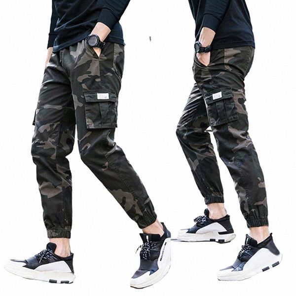 Camo masculino fino multi-bolso tornozelo gravata cintura elástica calças de carga reta r2no #