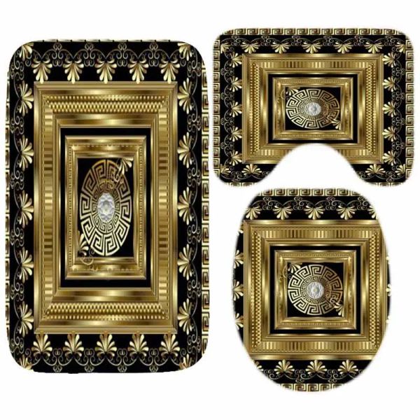 Tapetes 3 pçs luxo preto ouro grego chave padrão banho conjunto geométrico meandro banheiro tapete tapete acessórios de banheiro decoração casa