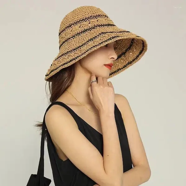 Geniş Memlu Şapkalar Plaj Şapkası Kadınlar Yaz Panama Saman Çantaları 2024 veya Hasır Kapak Kovası Güneş Stripe Visor