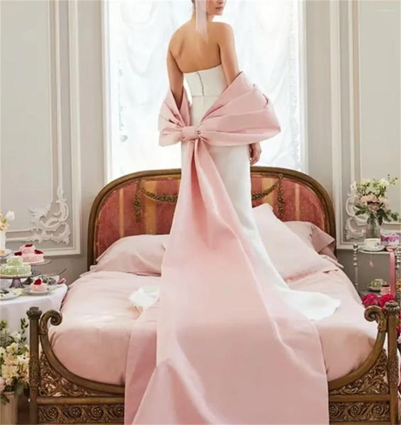 Vestidos de pista moda rosa branco contraste vestido de noite arco com ombros sinalizados manga curta elegante baile premium cetim 2024 personalizado