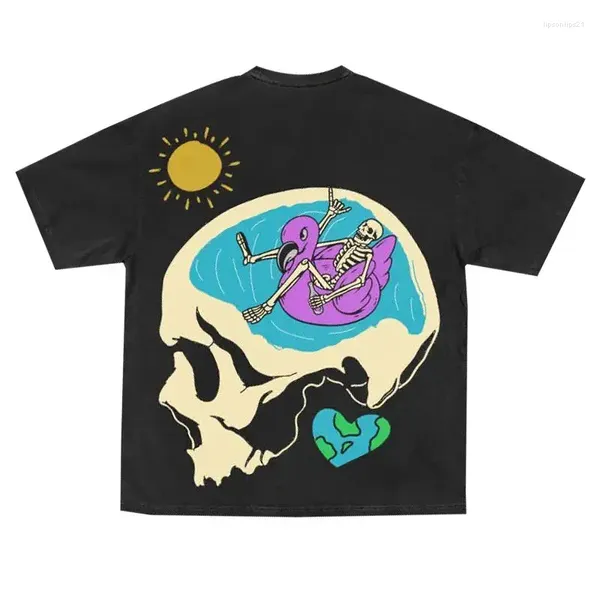 Magliette da uomo T-shirt da cartone animato Street Skull Coppia allentata Mezza maniche Ins Marchio marea americana Corto Pomelo Girocollo Hip-hop Testa creativa