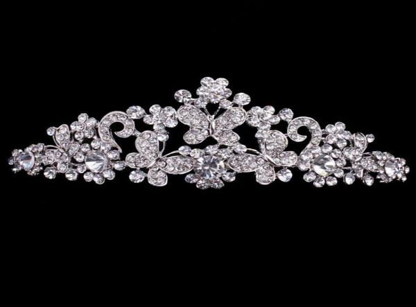 Economico ma di alta qualità Argento strass Farfalla Spettacolo Tiara Corona Accessori per capelli da sposa Festa Principessa Regina Copricapo 4041731