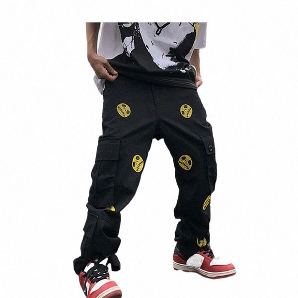 Pantaloni cargo larghi da uomo High Street Smiley Pantaloni casual con cerniera Jeans dritti Hip Hop Tasche laterali Loose Fit Streetwear Pantaloni casual Z5D9 #