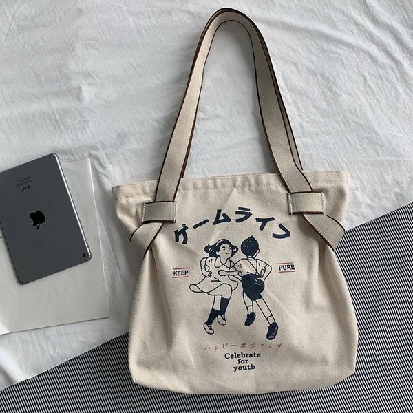 Bolsa de lona com estampa de cordão, bolsa feminina de ombro, personalidade coreana, japonesa, retrô, pano de viagem