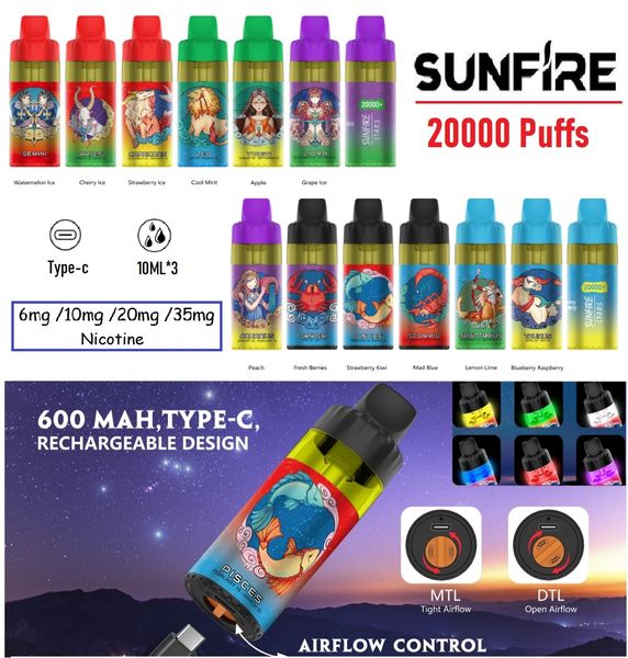 Top 1 Sunfire Tornado 20000 Puflar Tek Kullanımlık Vape 12 Lezzetler 30ml Şarj 600mAh Pil Puff 10000 9000 15000 20K Vape Desechable Vaper Puff 20K Almanya'da Sıcak İspanya