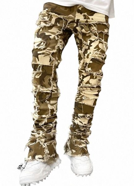 Neue Europäische Camo Hosen Männer High Street Slim Fit Stretch Patched Denim Zerrissene Männliche Gestapelte Jeans L3fH #