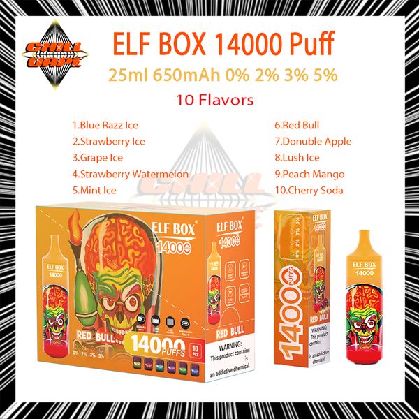 Sigarette elettroniche usa e getta ELF BOX 14000 originali Bobina a rete da 1,0 ohm Pod da 25 ml Batteria da 600 mAh Sigarette elettroniche ricaricabili Puff 14K 0% 2% 3% 5% Vape Bar usa e getta