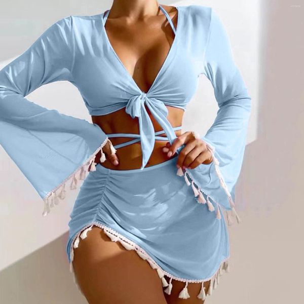 Mulheres Swimwear 4 Pcs Mulheres Maiôs Beach Outfit Halter Neck Acolchoado Sutiã Thong Bottoms Manga Longa Strappy Cover-Ups Tassel Sarongs Biquínis