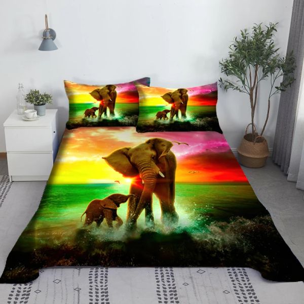 Conjunto de lençol de cama estampado 3d, elefante, animal, lençol plano com capa de travesseiro, para adultos, crianças, queen, king size, roupa de cama, dropshipping