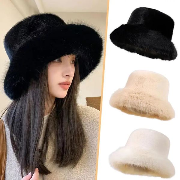 2023 Big Faux Fell Fluffy Eimer Hut für Frauen Winter Luxus Plüsch Damen verdicken Schnee übergroße Panama Cap 240318