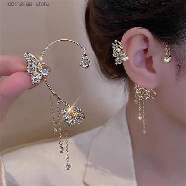 Ohrklemme Ohrklemme Funkelnde Zirkon-Schmetterlingsohrringe mit goldenen Quasten-Clip-Manschetten, geeignet für Damen-Kupferohrringe im koreanischen Stil, unperforierter Schmuck Y240326