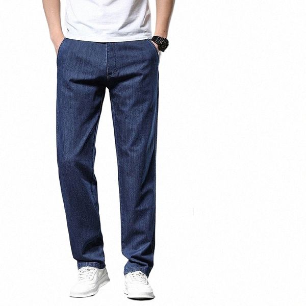 2024 verão clássico 100% cott jeans masculinos finos soltos calças jeans retas azul busin pai calças masculino tamanho grande 35 40 42 f3rg #