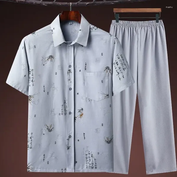Fatos masculinos verão estilo chinês define algodão linho homens tang terno impressão calças de manga curta hanfu tradicional tai chi uniforme