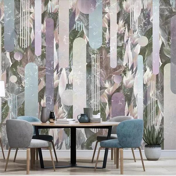 Wallpapers wellyu nórdico plantas tropicais flores linhas geométricas fundo pintura de parede personalizado grandes murais papel de parede ambiental