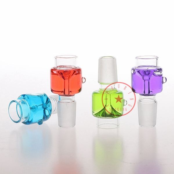 Rauchen buntes dickes Glas 14 mm 18 mm männliches Gelenk tragbare flüssige gefrierbare Kräuter-Tabak-Glasfilterschüssel Bohrinseln Wasserpfeife Bong DownStem Bubbler-Halter