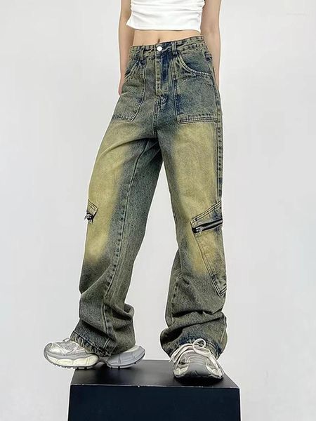 Jeans da uomo American High Street Pantaloni in denim tinti di fango giallo Trend Retro Lavaggio ad acqua Pantaloni dritti Uomini e donne larghi