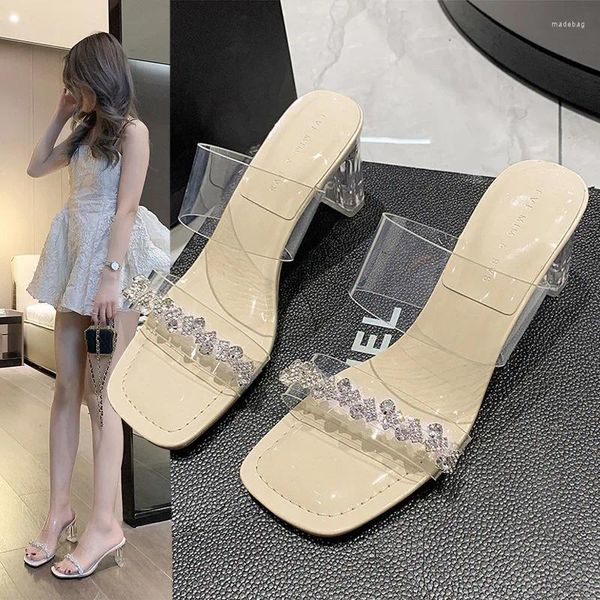 Sapatos de vestido verão fada strass chinelos mulheres cabeça quadrada open-toe flip-flops cristal bloco saltos atacado