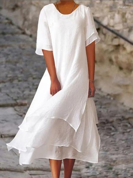 Abiti da festa 2024 Casual Maxi abito lungo bianco Moda donna Due strati fessura manica corta O collo tuniche estive