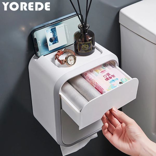 Halter YOREDE Wandbehang Taschentuchbox Rollenpapierhalter Toilettenpapier Aufbewahrungsbox Doppelschichtiger Kunststoff Organizer Badezimmerzubehör