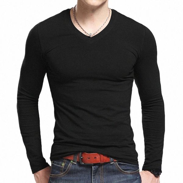 Lycra cott masculino lg manga v pescoço t camisa 2024 mrmt o outono masculino t cott camiseta magro sólido apertado t camisa m6rq #