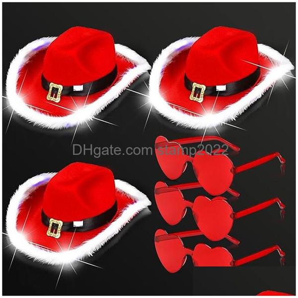 Chapéus de festa 10 pcs Papai Noel Cowboy Hat Brilho Branco Ruffled Western Glitter Feather Borda Natal Felt LED Flash Cap Drop entrega H DHD8R