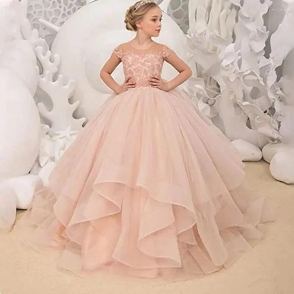 Vestidos de menina elegante blush rosa vestido de baile flor para casamento princesa rendas apliques mangas compridas vestidos de primeira comunhão