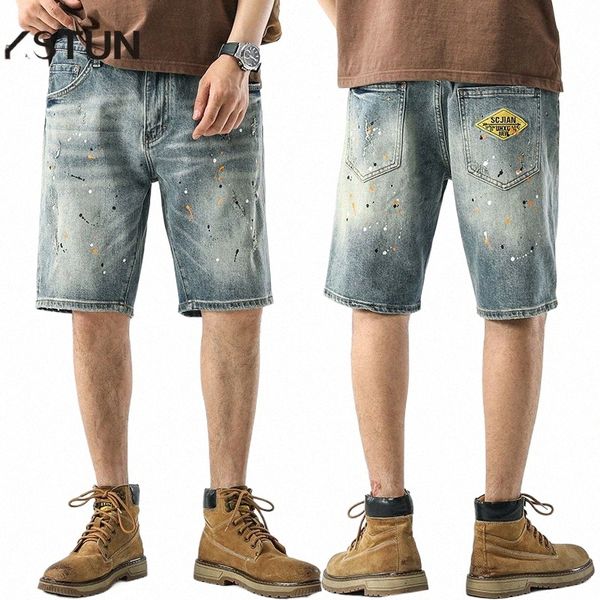 2024 verão calças de brim curtas calças masculinas pintura impressa luz azul estiramento denim shorts homens streetwear estilo punk motocycle jeans menino x43l #