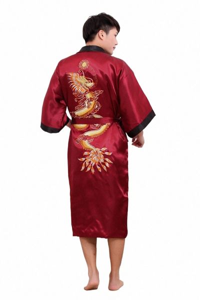 Novo Double-Side Bordado Arraste Masculino Lg Robe Homens Chineses Silk Satin Men's Drag Kimo Robe Vestido Reversível Roupão Dr W7IU #