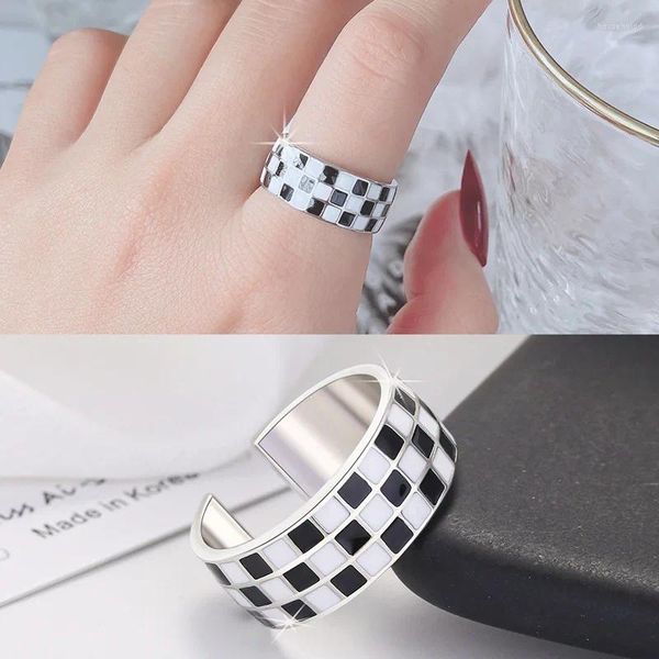 Cluster Anéis Vintage Punk 925 Sterling Silver Esmalte Preto Branco Checkerboard Aberto para Mulheres Presentes de Aniversário Atacado