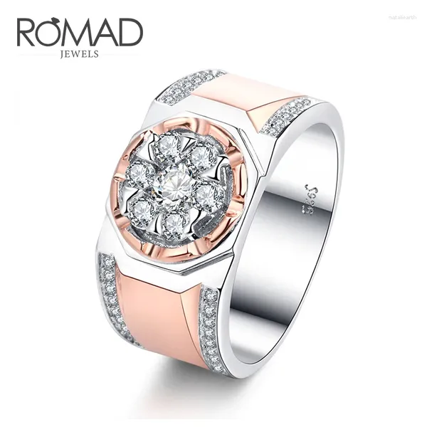 Com pedras laterais ROMAD 2 pçs/set luxo grande anel de cristal masculino ouro rosa cz pedra anéis de casamento festa de noivado jóias masculinas bague r4