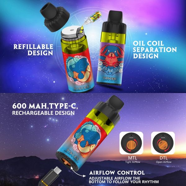 Original 20000 Puffs Sunfire Stars Recilabilable VOD VAPE VAPOR DESPONSÍVEL 12000 POFGH E-CIGARETTE RGB CONTROLE DE FLUSTO DE AR