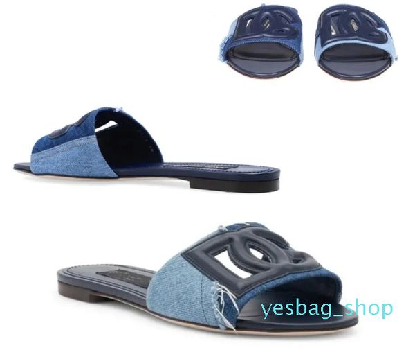 Damen-Designer-Sandalen-Slipper, Logo-Patch-Collage, Denim-Hausschuhe, offene Sandale, flache blaue Jeans, Pantoletten, flache Schuhe, zum Hineinschlüpfen, mit Box