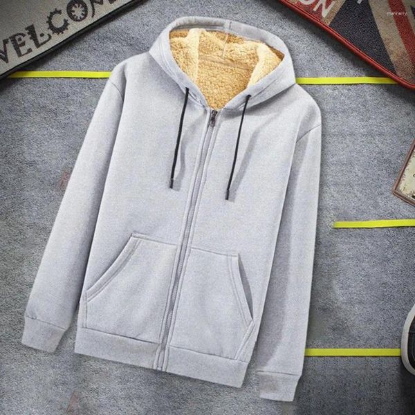 Hoodies masculinos casaco de inverno grosso macio pelúcia com capuz zip up cardigan manga longa cor sólida bolsos com cordão casual plus size jaqueta