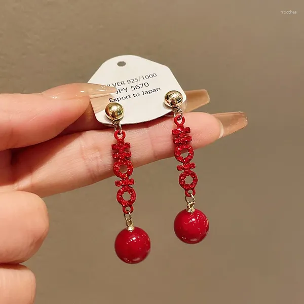 Creolen WLP Luxus Chinesischen Stil Rot Strass Ball Baumeln Für Frauen Mode Süße Braut Hochzeit Lange Tropfen Ohrring Schmuck