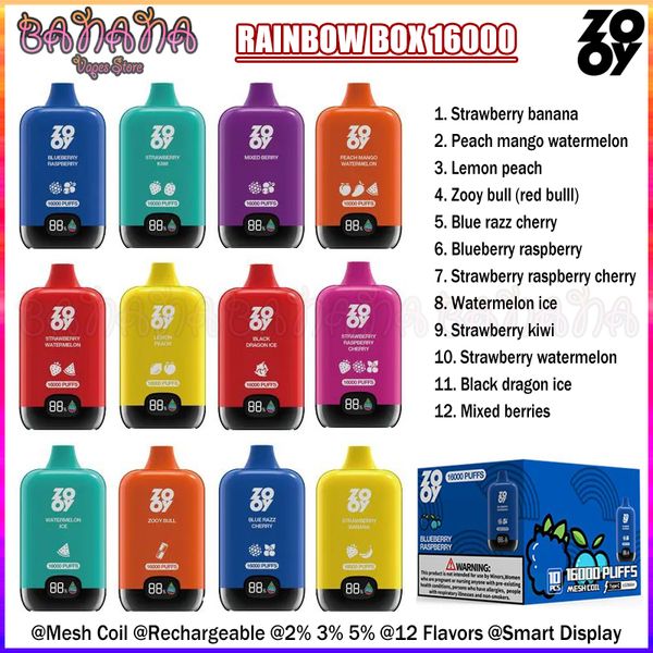 Original Zooy Rainbow Box 16000 Puffs Vapes Descartáveis Zooyvape Puff 16K 2% 3% 5% Bobina de Malha Recarregável E Cigarros vs Puff 12k 15k 12000 15000