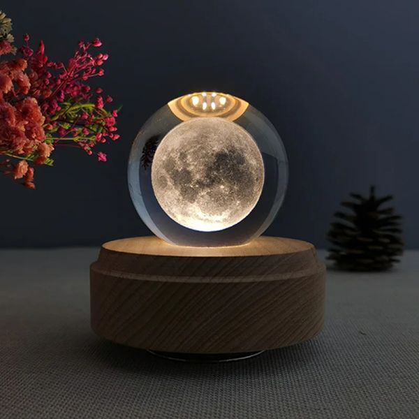 Kutular 3D Kristal Top Müzik Kutusu Projeksiyonu Aydınlatma Kristal Top Dönebilir Ahşap Base Gece Işık Dekorasyon Doğum Günü Hediyesi Noel