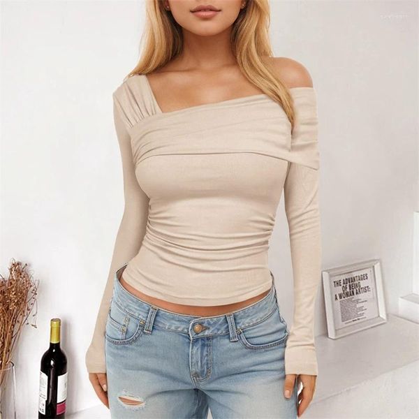 Damen T-Shirts Frühling Slim Crop Top Koreanischer Stil Langarm T-Shirts Y2k Solide Damen T-Shirts Femme Kleidung 2024 Unregelmäßiges Hemd für Frauen