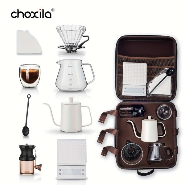 8 Stück/Set, Pour Over Maker Set Box, tragbares Geschenkset, Reisezubehör, Werkzeuge, Wasserkocher, Topf mit Tropfer, Glasbecher, manuelle Mühle, Waage, Löffel, 100 Stück Kaffee