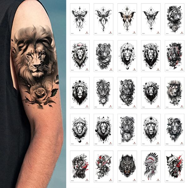 2024 100 Pz / lotto Commercio All'ingrosso Impermeabile Autoadesivo Del Tatuaggio Temporaneo Leone Tigre Volpe Farfalla Uomo Fiore Colorato Braccio Donne Tatoo 240311