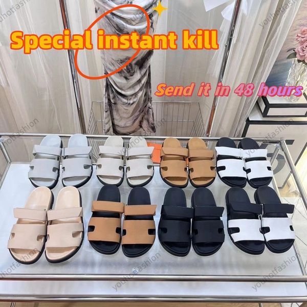 Tasarımcı İzleyiciler Sandal Tasarımcı Kaydırıcıları Flip Flops Plaj Konforu İçin Düz Sandalet Buzağı Deri Deri Doğal Süet Keçi Dinleri Kahverengi ve Siyah